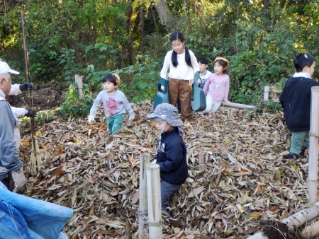 落ち葉で遊ぶ子供