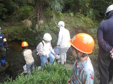 湧水に触れる